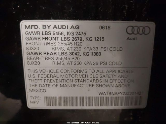 WA1BNAFY2J2201427 Audi Q5 2.0t Premium/2.0t Tech Premium