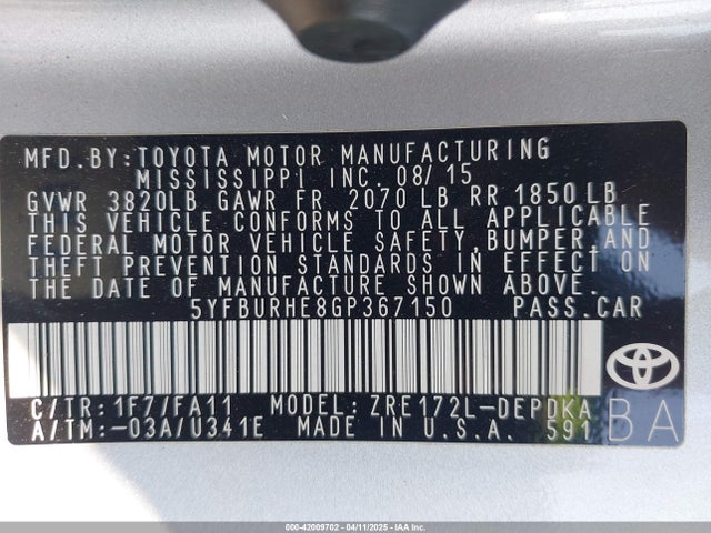 5YFBURHE8GP367150 Toyota COROLLA L