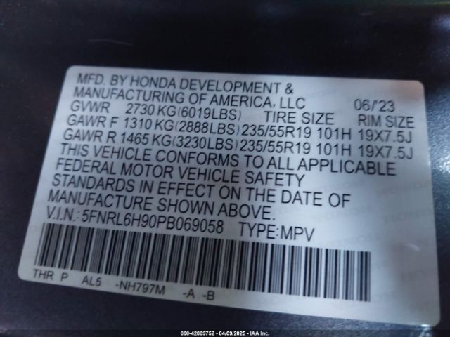 5FNRL6H90PB069058 Honda Odyssey Elite