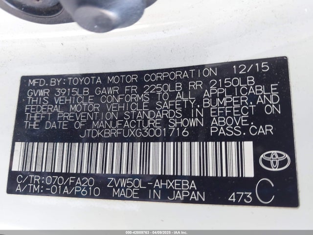 JTDKBRFUXG3001716 Toyota Prius Two
