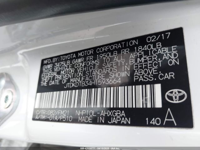 JTDKDTB34H1593664 Toyota Prius C Three