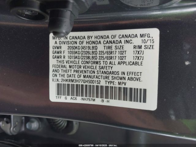2HKRM3H77GH500152 Honda Cr-v Ex-l