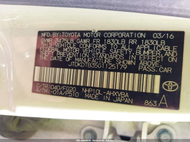 JTDKDTB35G1125179 Toyota Prius C Two