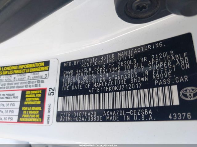 4T1B11HK0KU212017 Toyota CAMRY SE