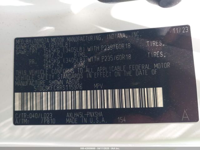 5TDCSKFC8RS115976 Toyota Sienna Xse