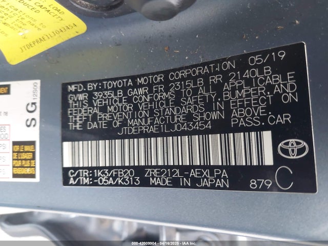 JTDEPRAE1LJ043454 Toyota COROLLA LE