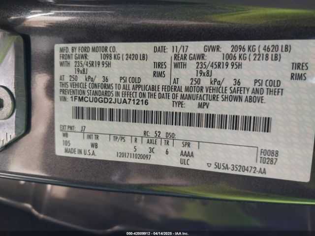 1FMCU0GD2JUA71216 Ford ESCAPE SE