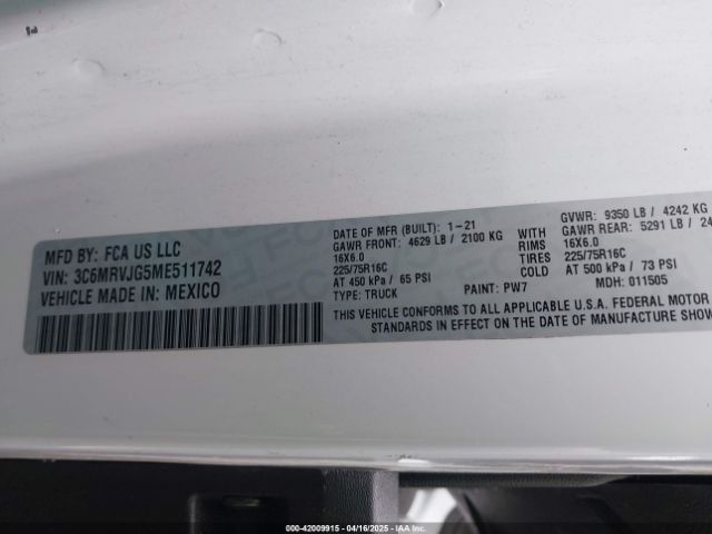 3C6MRVJG5ME511742 RAM Promaster 3500 Cargo Van High Roof 159 Wb Ext