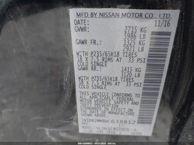 5N1DR2MM8HC638812 Nissan Pathfinder Sl