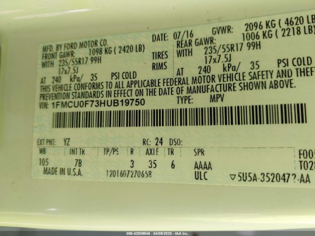 1FMCU0F73HUB19750 Ford ESCAPE S