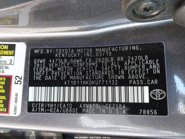 4T1B11HK0KU771132 Toyota CAMRY SE