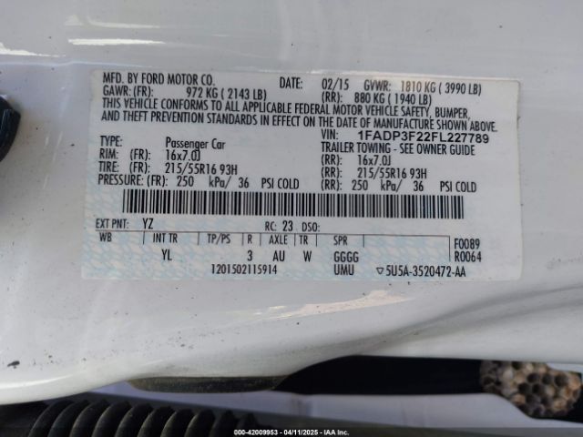 1FADP3F22FL227789 Ford FOCUS SE