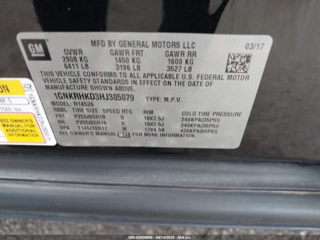 1GNKRHKD3HJ305079 Chevrolet Traverse 2lt