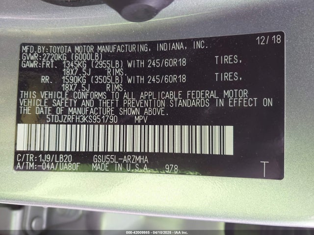 5TDJZRFH3KS951790 Toyota Highlander Xle