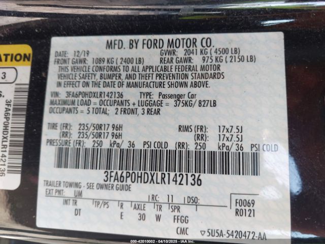 3FA6P0HDXLR142136 Ford FUSION SE