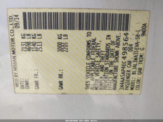 1N4AA5AP4EC498564 Nissan Maxima 3.5 Sv