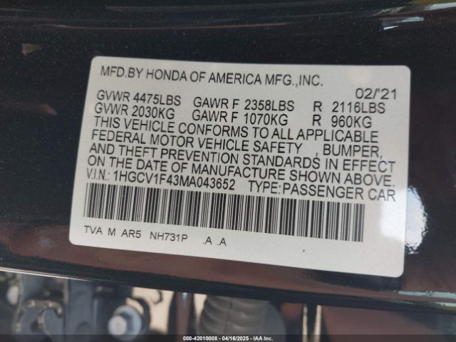 1HGCV1F43MA043652 Honda l15be