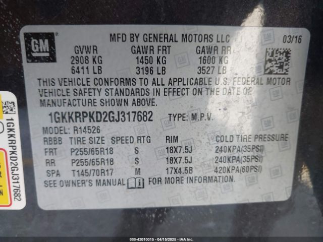 1GKKRPKD2GJ317682 GMC Acadia Sle-2