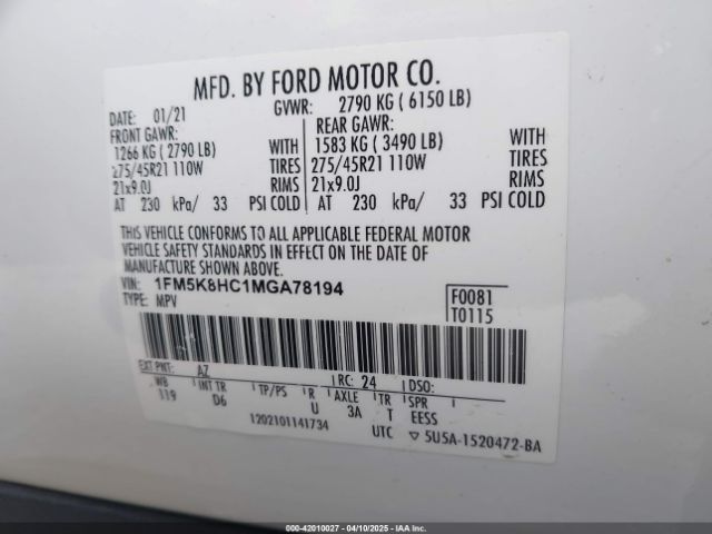 1FM5K8HC1MGA78194 Ford Explorer Platinum