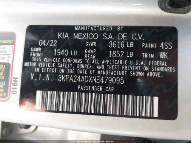 3KPA24ADXNE479095 KIA RIO LX