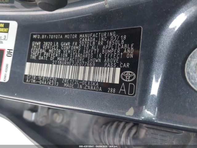 2T1BURHE2JC077669 Toyota COROLLA SE