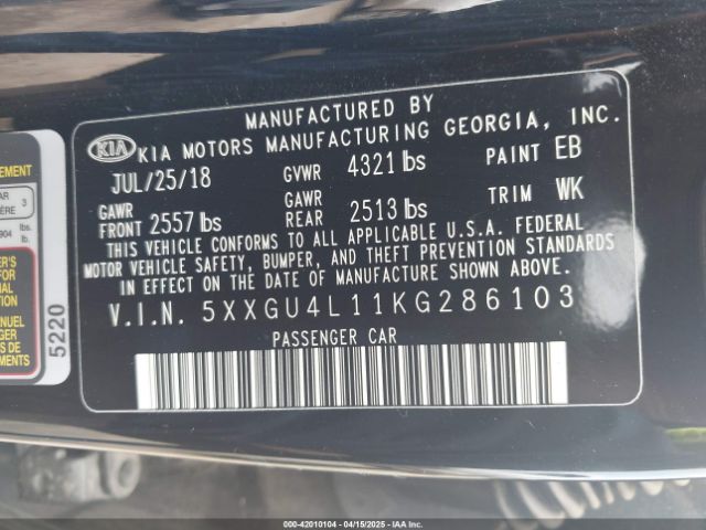 5XXGU4L11KG286103 KIA OPTIMA EX