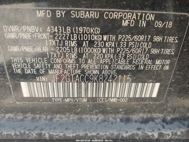 JF2GTACC9K8242115 Subaru Crosstrek 2.0i Premium