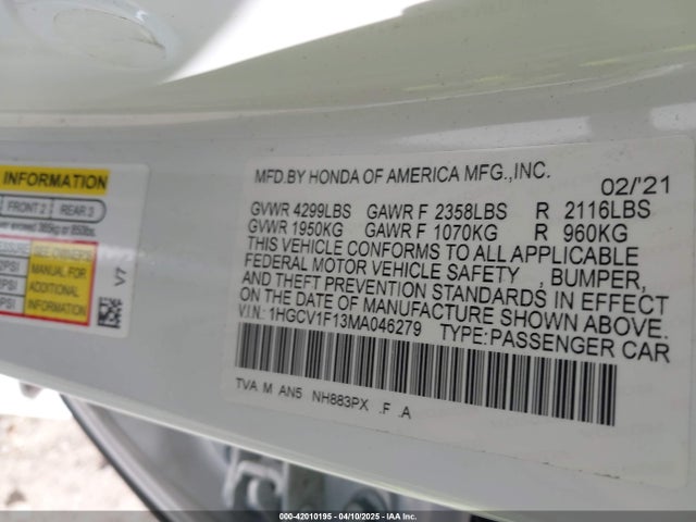 1HGCV1F13MA046279 Honda ACCORD LX