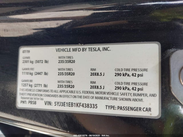5YJ3E1EB1KF438335 Tesla MODEL 3