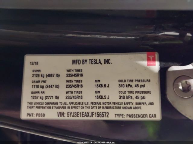 5YJ3E1EAXJF156572 Tesla Model 3 Long Range/mid Range
