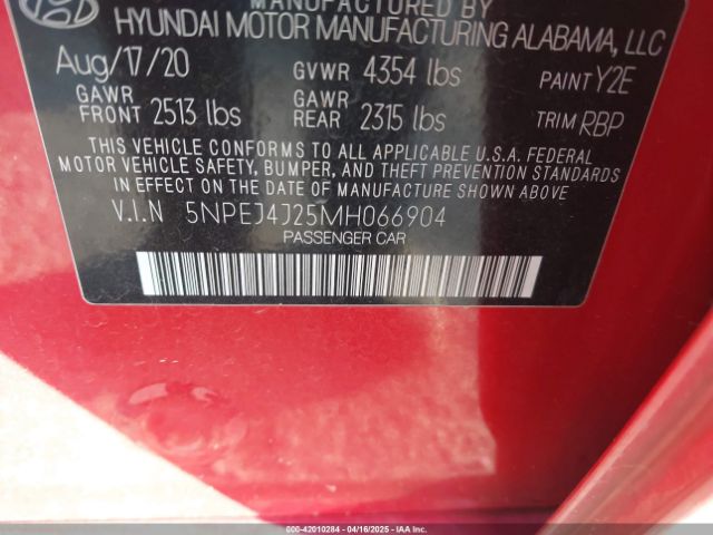 5NPEJ4J25MH066904 Hyundai Sonata Sel Plus