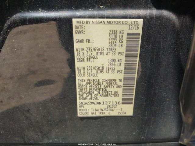 5N1AZ2MG1HN127136 Nissan MURANO S