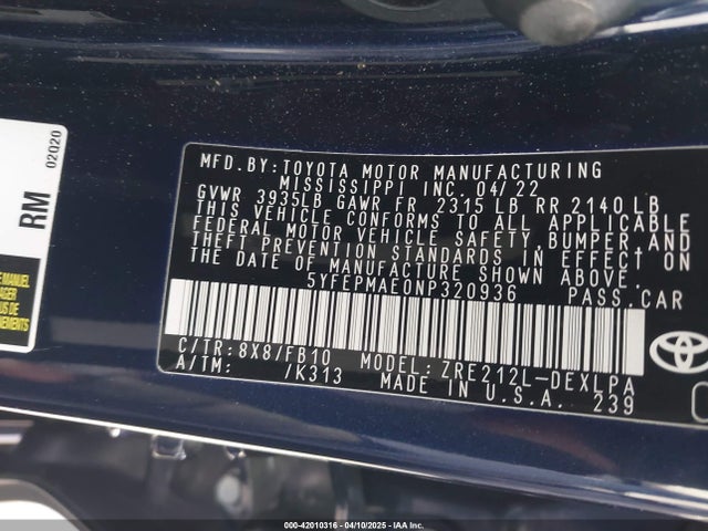 5YFEPMAE0NP320936 Toyota COROLLA LE
