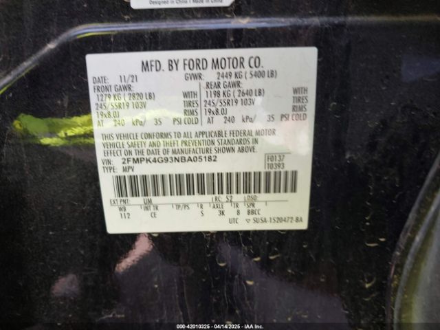 2FMPK4G93NBA05182 Ford EDGE SE