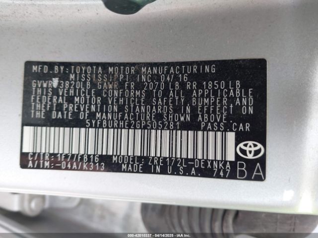 5YFBURHE2GP505281 Toyota COROLLA LE