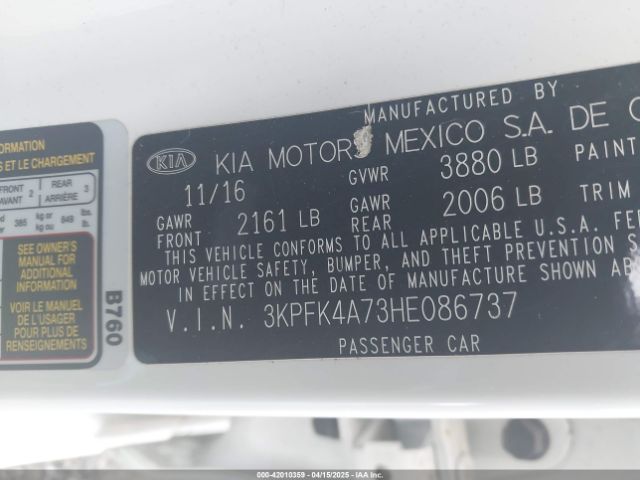 3KPFK4A73HE086737 KIA FORTE LX