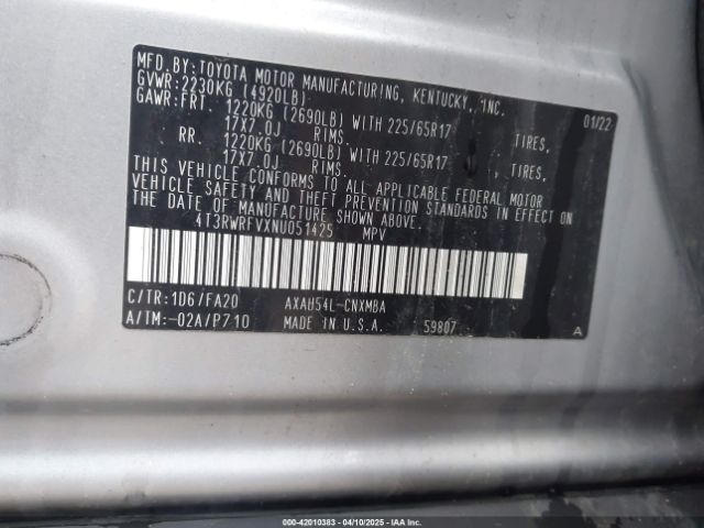 4T3RWRFVXNU051425 Toyota Rav4 Hybrid Xle