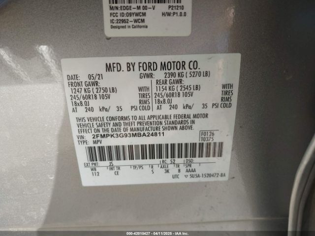 2FMPK3G93MBA24811 Ford EDGE SE
