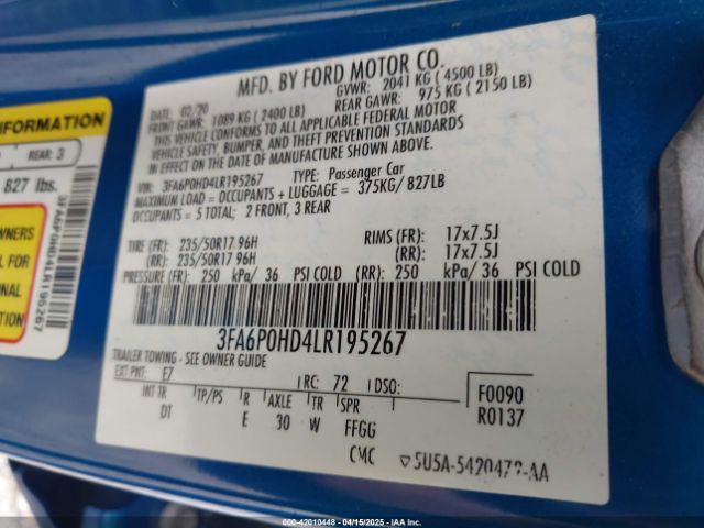 2020 FORD FUSION 3FA6P0HD4LR195267 Photo 8