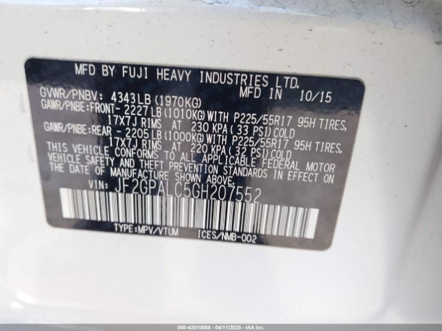 JF2GPALC5GH207552 Subaru Crosstrek 2.0i Limited