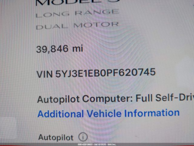 5YJ3E1EB0PF620745 Tesla Model 3 Long Range Dual Motor All-wheel Drive