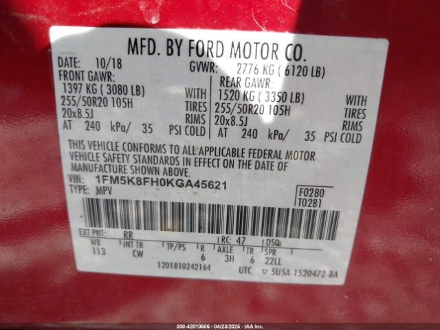 1FM5K8FH0KGA45621 Ford Explorer Limited