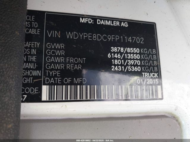 WDYPE8DC9FP114702 Freightliner Sprinter 2500 High Roof