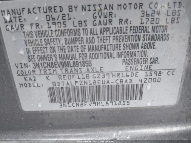 3N1CN8EV9ML891855 Nissan Versa Sv Xtronic Cvt
