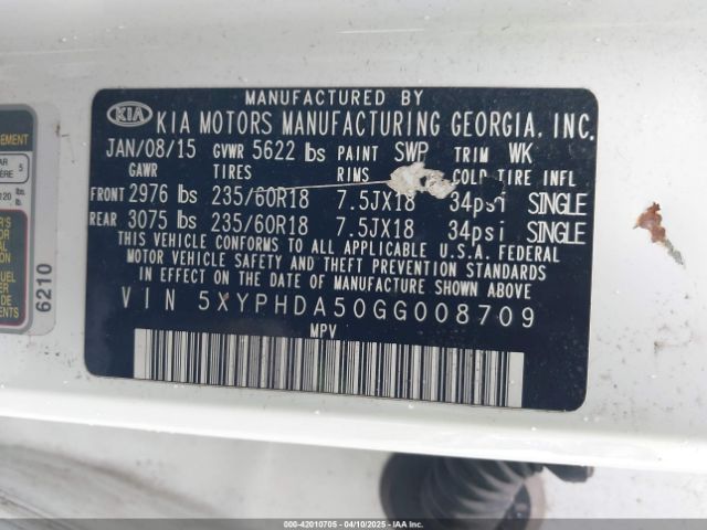 5XYPHDA50GG008709 KIA Sorento 3.3l Ex