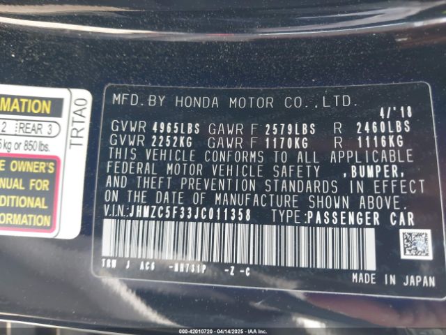 JHMZC5F33JC011358 Honda Clarity Plug-in Hybrid Touring