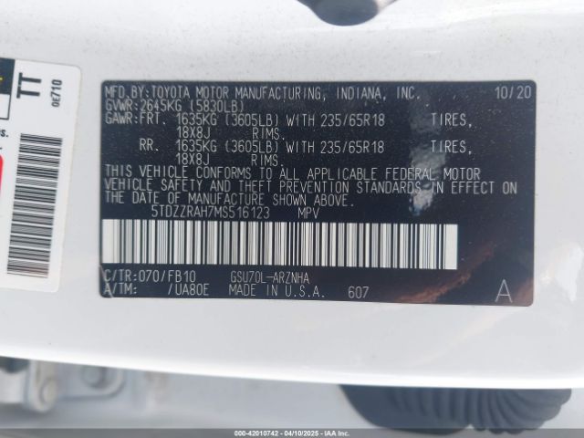 5TDZZRAH7MS516123 Toyota Highlander Le