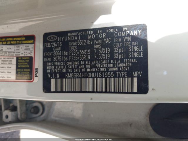 KM8SR4HF0HU181955 Hyundai Santa Fe Se Ultimate