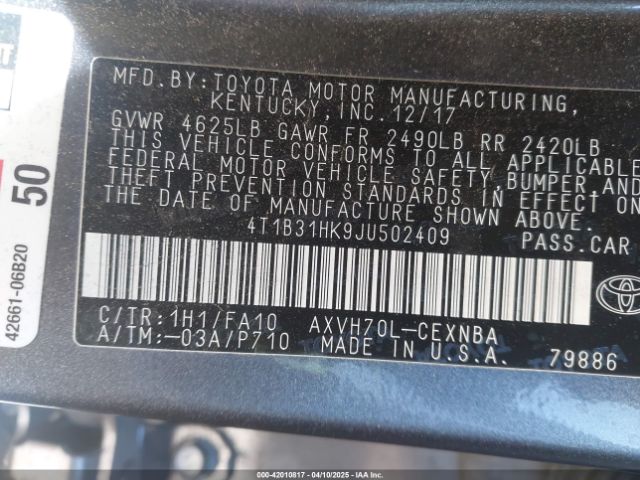 4T1B31HK9JU502409 Toyota Camry Hybrid Le