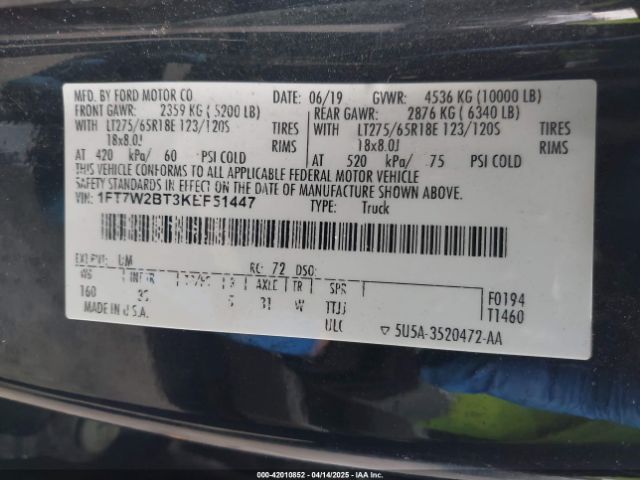 1FT7W2BT3KEF51447 Ford F-250 Xlt